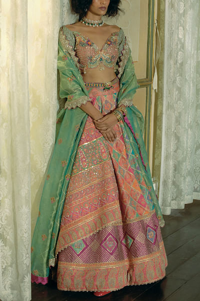 Multicolour geometric jacquard lehenga set