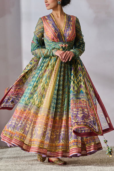 Multicolour geometric print anarkali set