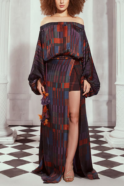 Multicolour geometric print off-shoulder dress