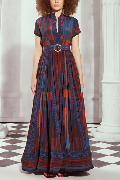 Multicolour geometric printed long dress