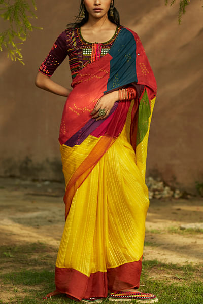 Multicolour hand tied panel sari set