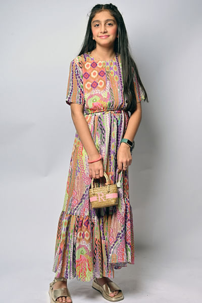 Multicolour ikat and artsy print tiered skirt set