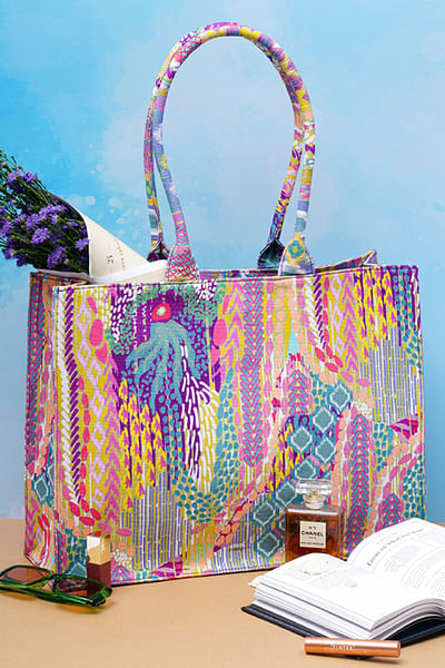 Multicolour ikat and artsy printed tote bag