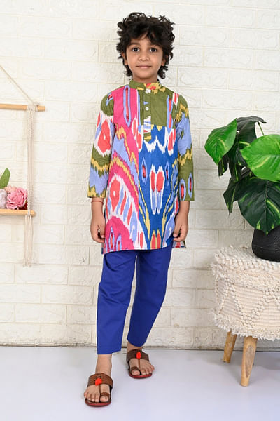 Multicolour ikat print patchwork kurta set