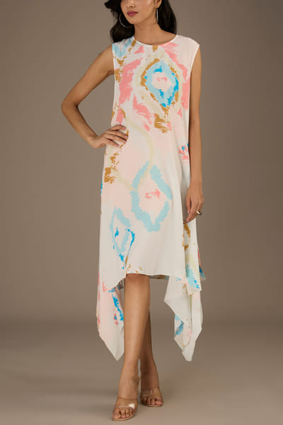 Multicolour ikat splash printed draped dress