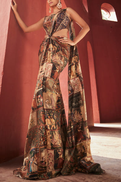 Multicolour kalamkari print corset concept sari