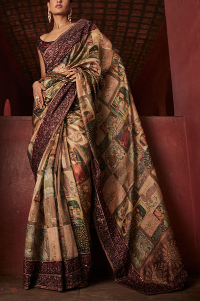 Multicolour kalamkari print embellished sari set