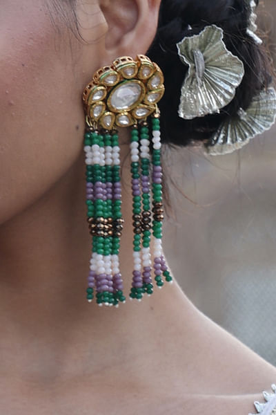 Multicolour kundan beaded tassel earrings