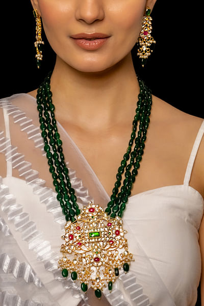 Multicolour kundan layered long necklace set
