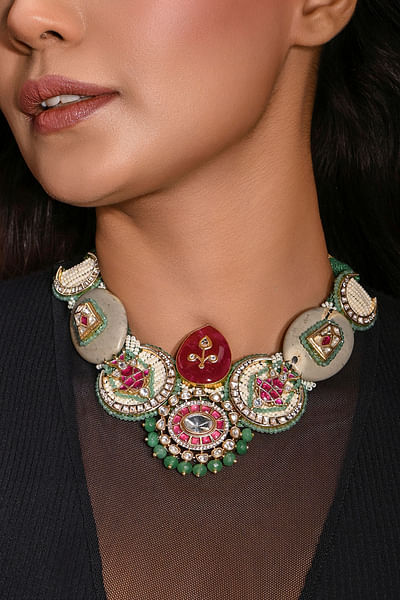 Multicolour kundan polki and pearl necklace