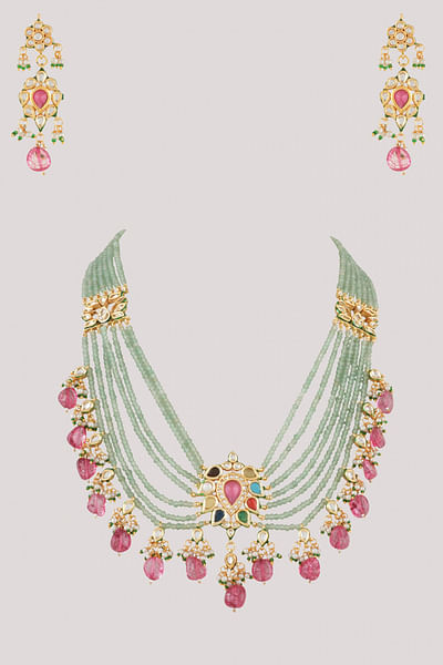 Multicolour kundan polki long necklace set