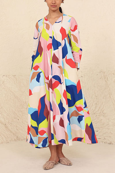 Multicolour leaf printed cotton dress