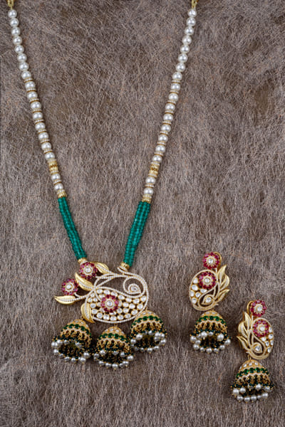 Multicolour moissanite polki long necklace set