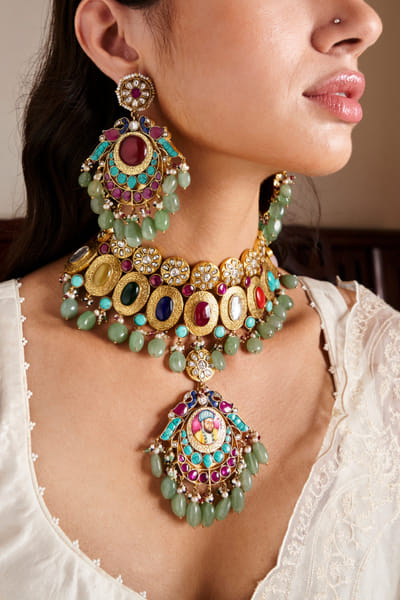 Preeti Mohan Multicolour Mughal navaratna kundan necklace set PRMAUG2432