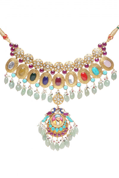 Preeti Mohan Multicolour Mughal navaratna kundan necklace set PRMAUG2432