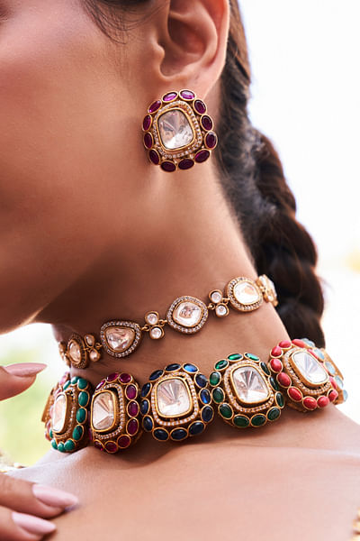 Multicolour navaratna and kundan necklace set