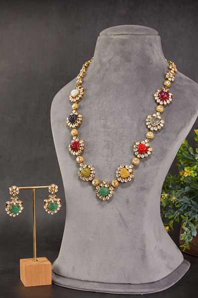Multicolour navaratna and polki necklace set