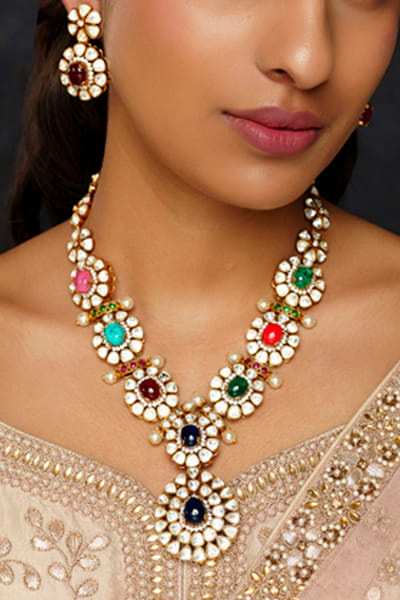 Multicolour navaratna moissanite necklace set