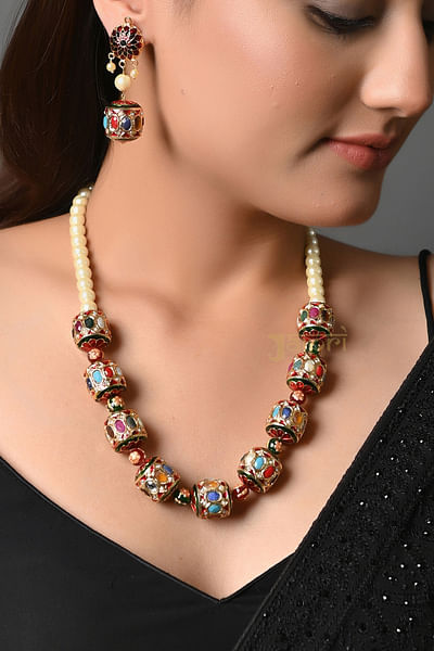 Multicolour navratna jadau bead and pearl necklace set