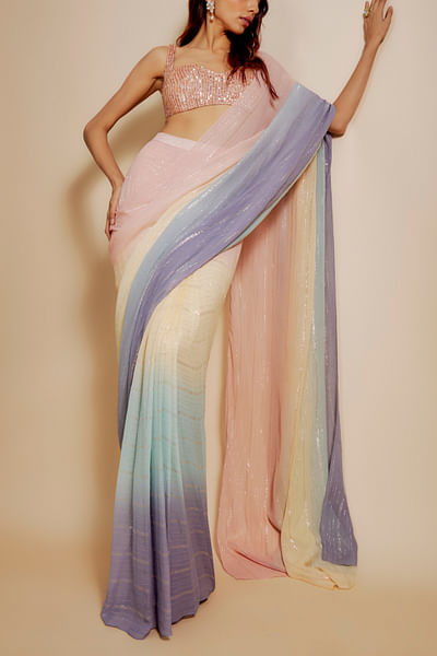 Multicolour ombre embroidered sari set