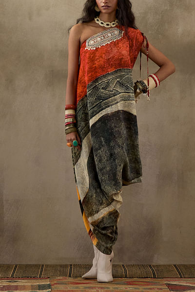 Multicolour one-shoulder draped dress