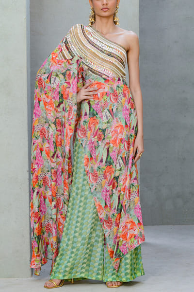 Multicolour one-shoulder floral print cape set