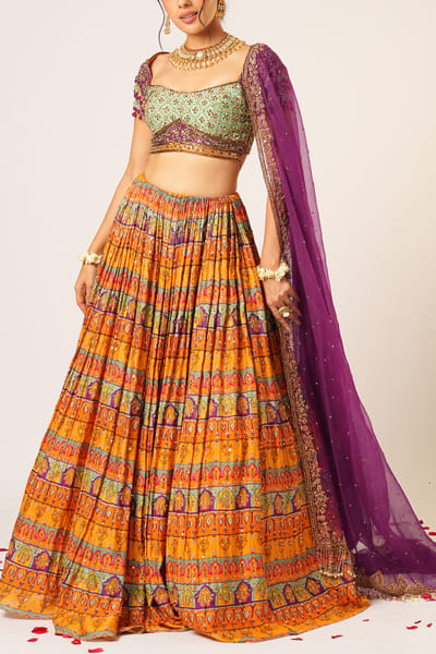 Multicolour organza tissue lehenga set