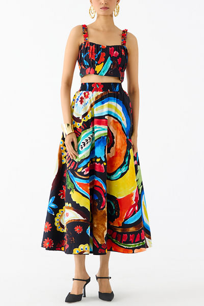 Multicolour paisley printed skirt set