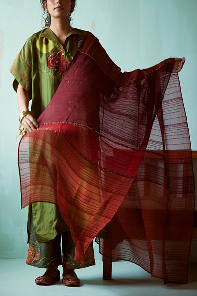 Multicolour panelled and embroidered dupatta