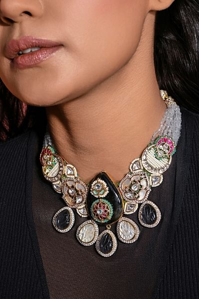 Multicolour pearl and bead layered necklace