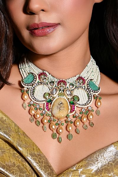 Multicolour pearl and kundan layered necklace