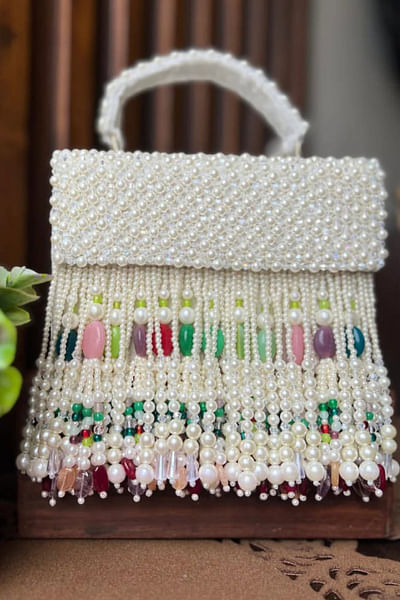 Multicolour pearl crystal tasselled box clutch