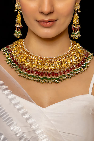 Multicolour pearl kundan stone necklace set