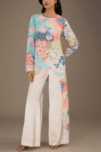 Multicolour petal printed asymmetric tunic