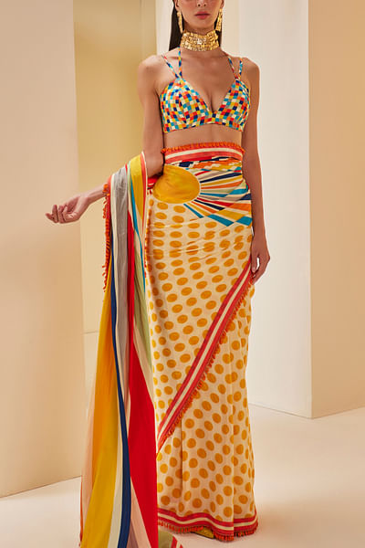 Multicolour polka dot print sari set