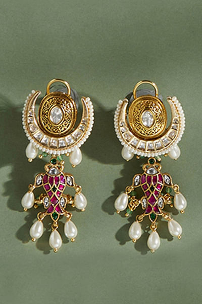 Multicolour polki and pearl dangler earrings