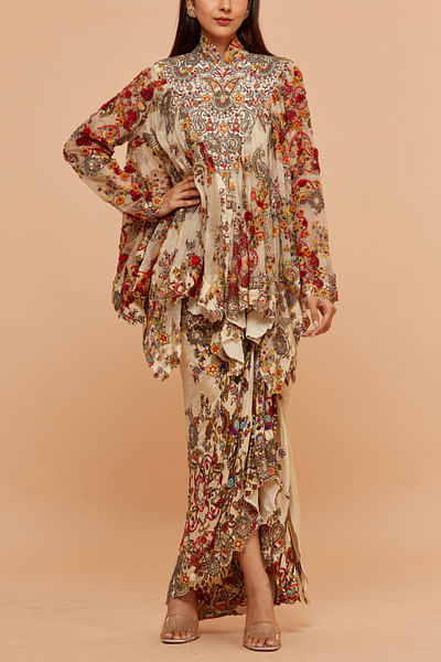 Multicolour print embroidered jacket and skirt