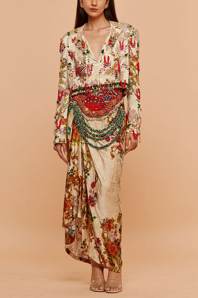 Multicolour print embroidered skirt and jacket