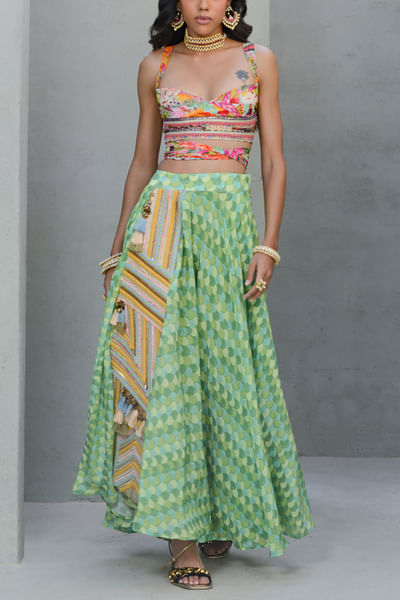 Multicolour printed and embellished skirt set