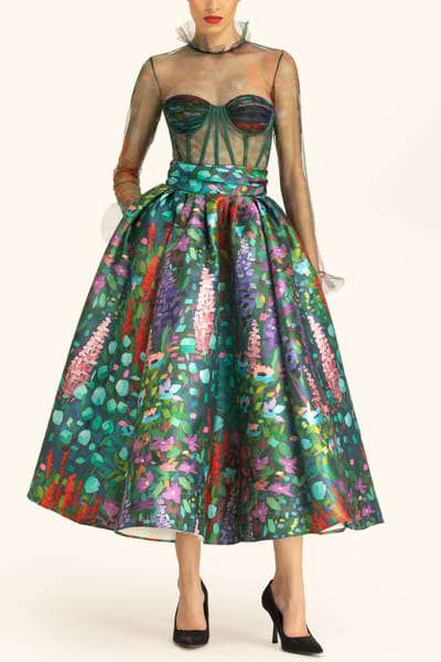 Multicolour printed corset midi dress