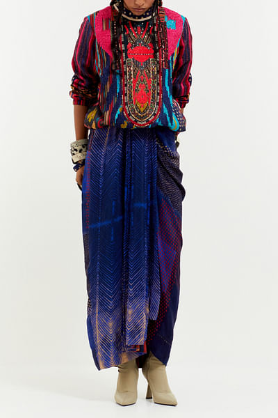 Multicolour printed draped skirt set