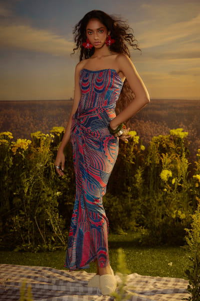 Multicolour printed embroidered corset dress