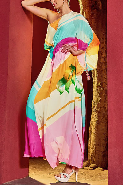 Multicolour printed one-shoulder kaftan