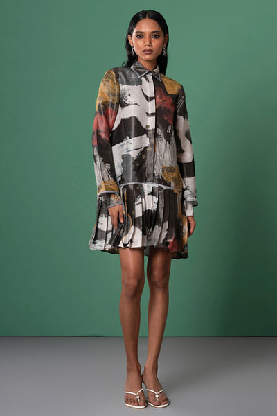 Multicolour printed pleated shirt dress