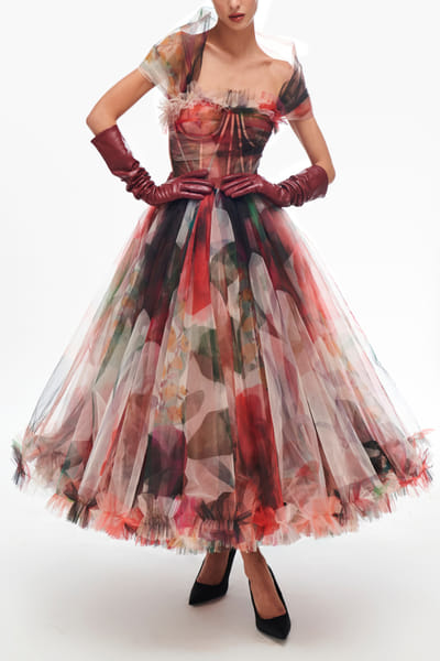 Multicolour printed ruffled midi dress