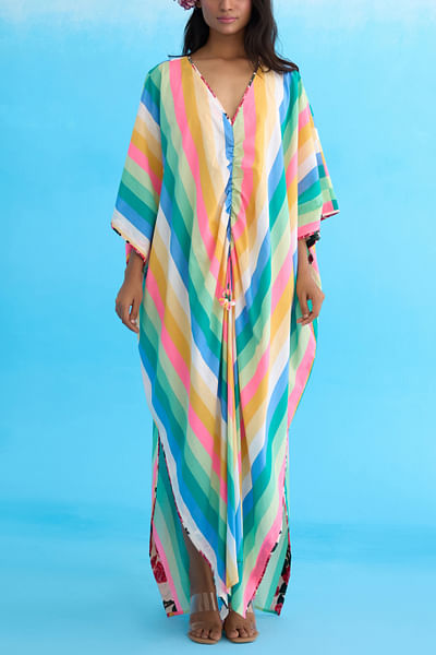 Multicolour rainbow stripe printed kaftan