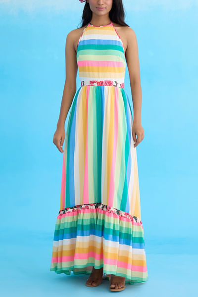 Multicolour rainbow stripe printed maxi dress