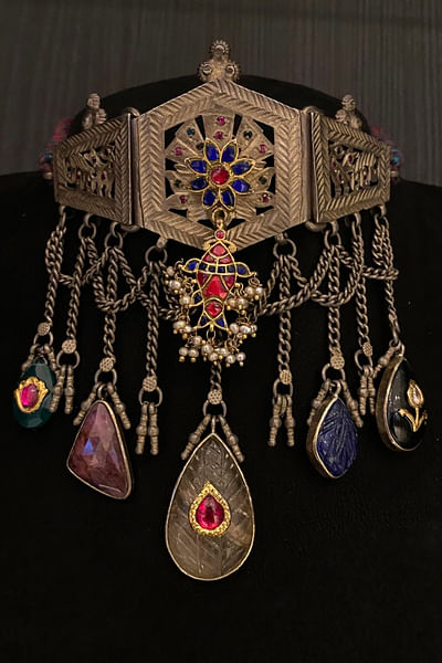 Multicolour semi-precious stone charm necklace