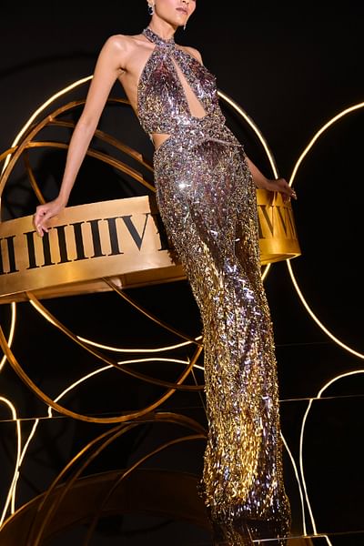 Multicolour sequin embellished gown