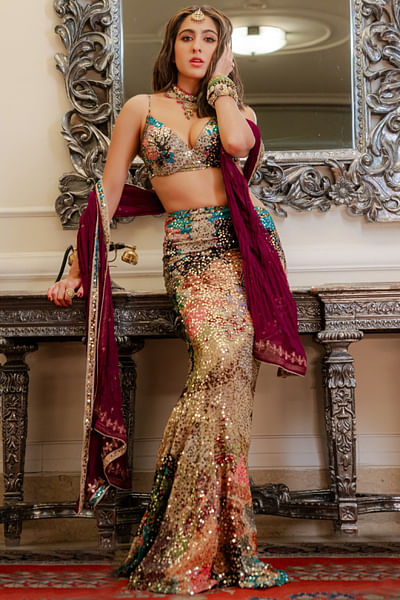 Multicolour sequin printed fishtail skirt set